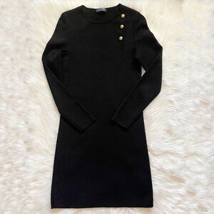 VTG Saint James Black Wool Knit Gold Button Shoulder Long Sleeve Mini Dress
